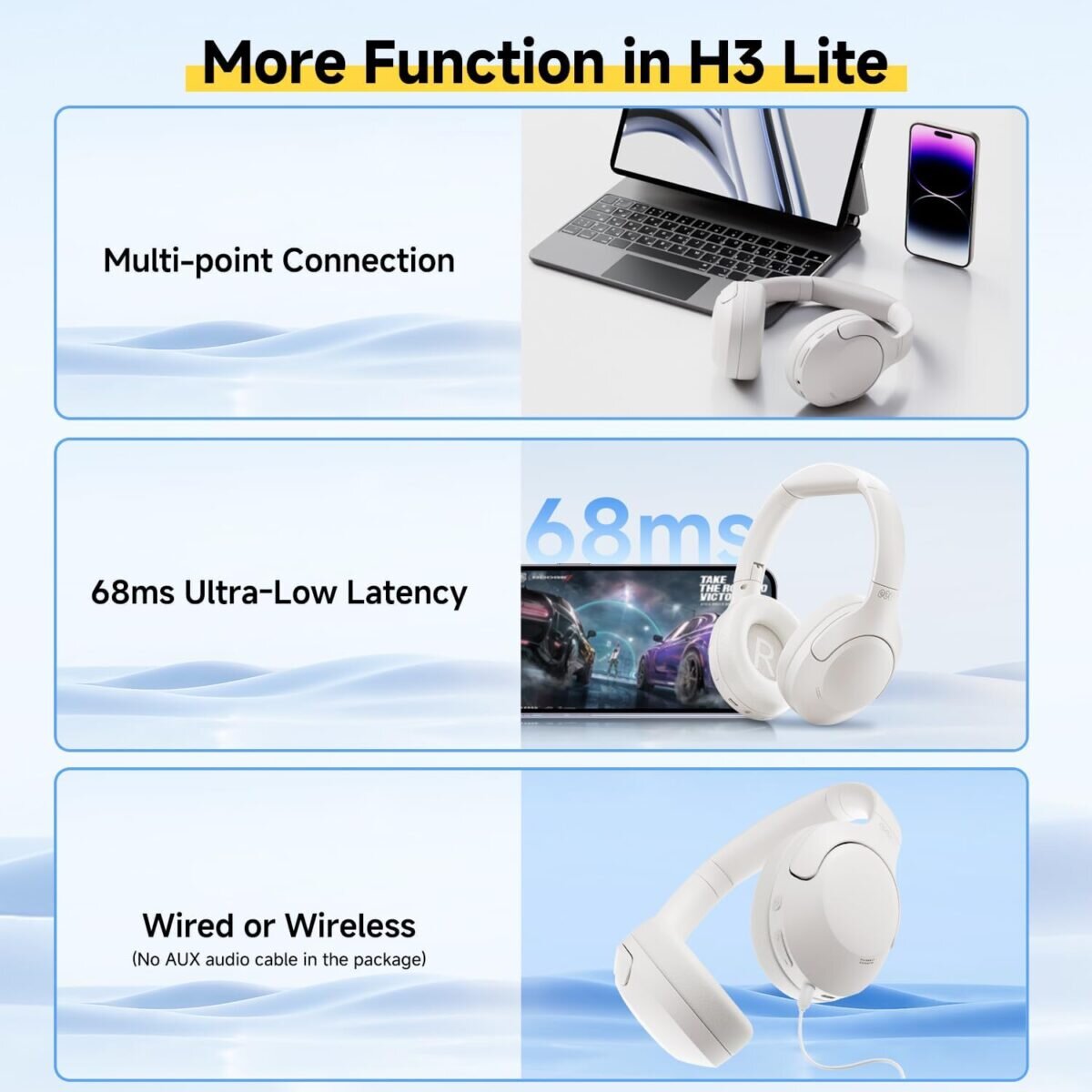 QCY H3 Lite Headset White - ANC Noise Canceling 40mm drivers 68ms latency - 60h battery - Image 4