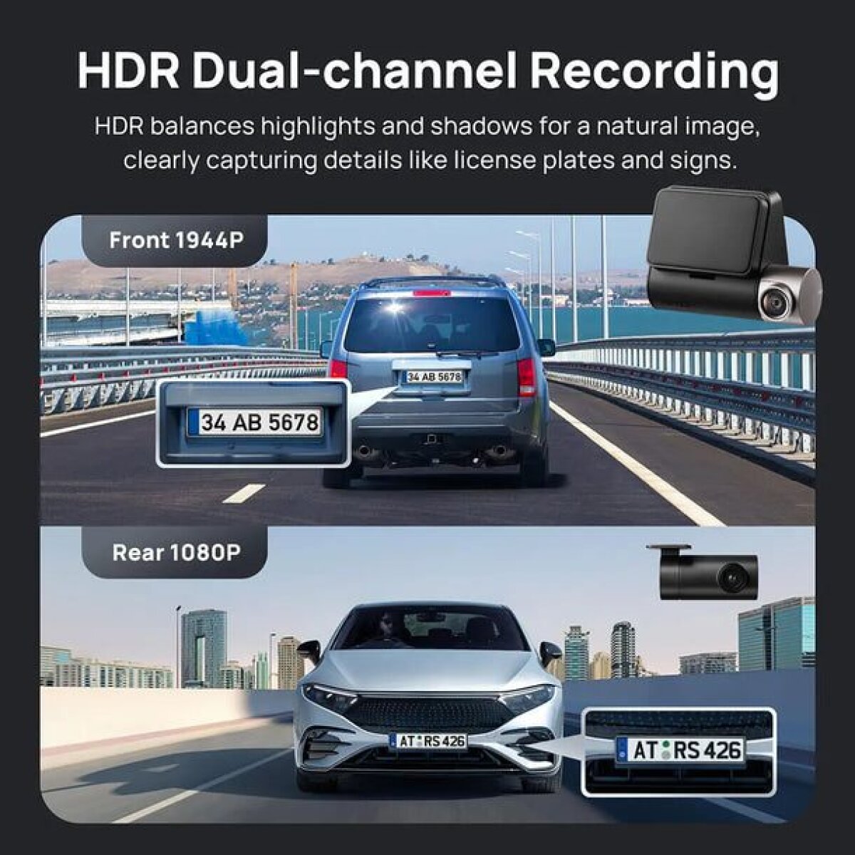 70mai A510-1 Front & Rear Dash Cam w. Screen set w. RC11 Rearview Cam - 1600p, 3k pic, Loop rec Car - Image 3