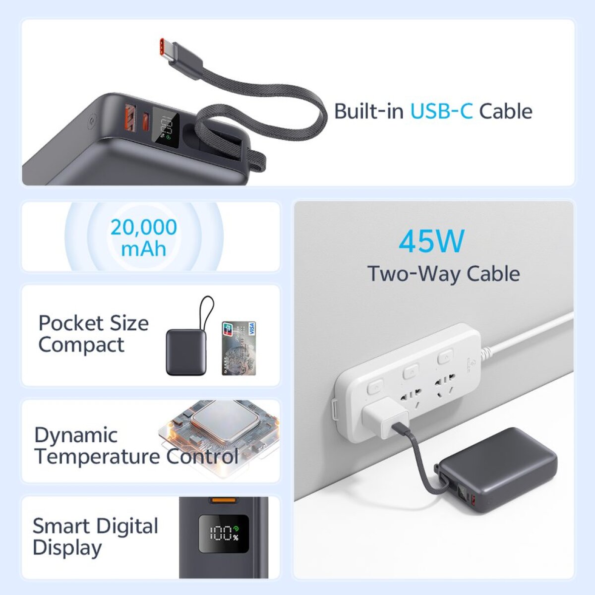QCY PB20A Grey 20000mAh 45W PD fast charge power bank - Digital Display, Fireproof ABS+PC - Image 4