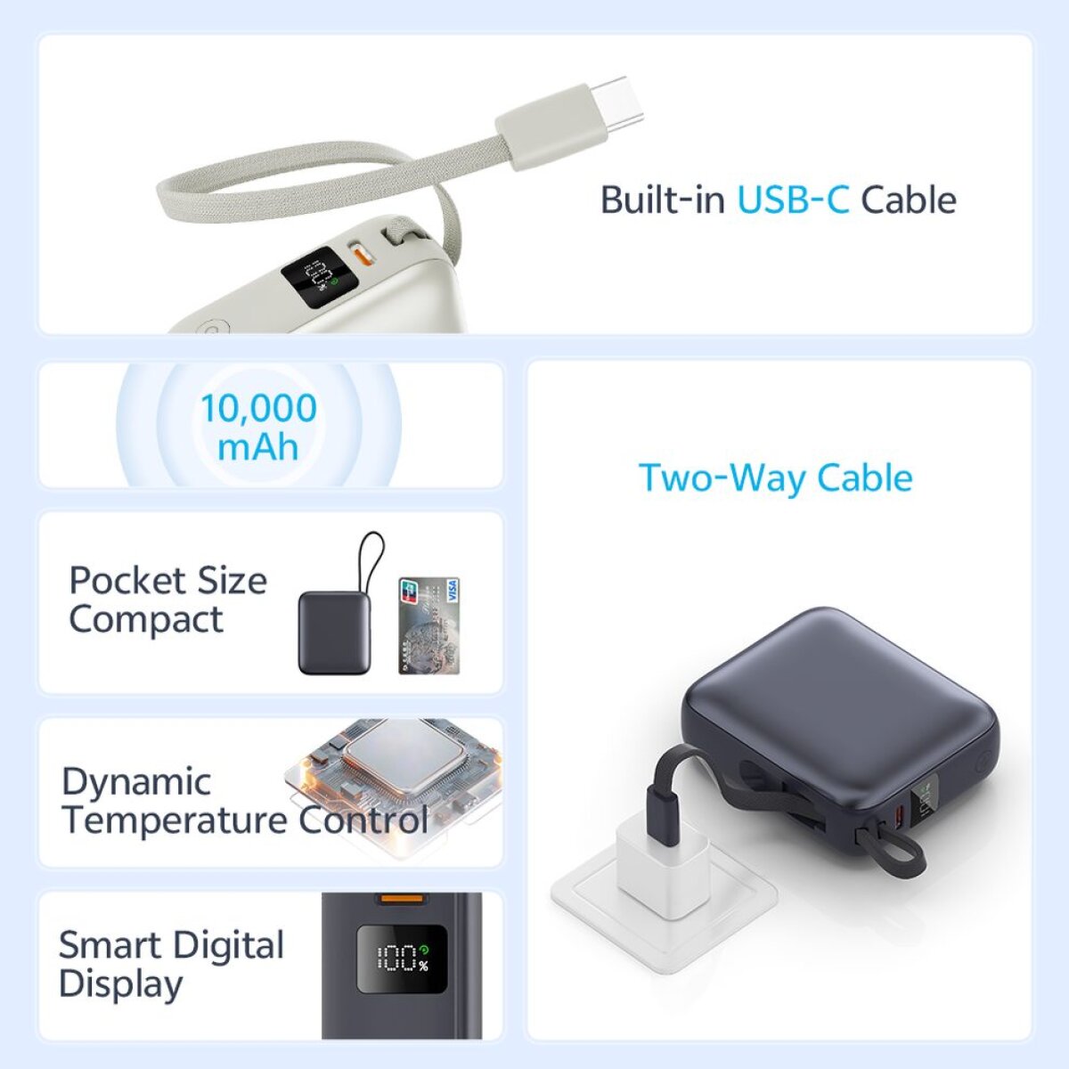 QCY PB10C Grey 10000mAh 35W PD fast charge power bank - Digital Display, Fireproof ABS+PC - Image 4