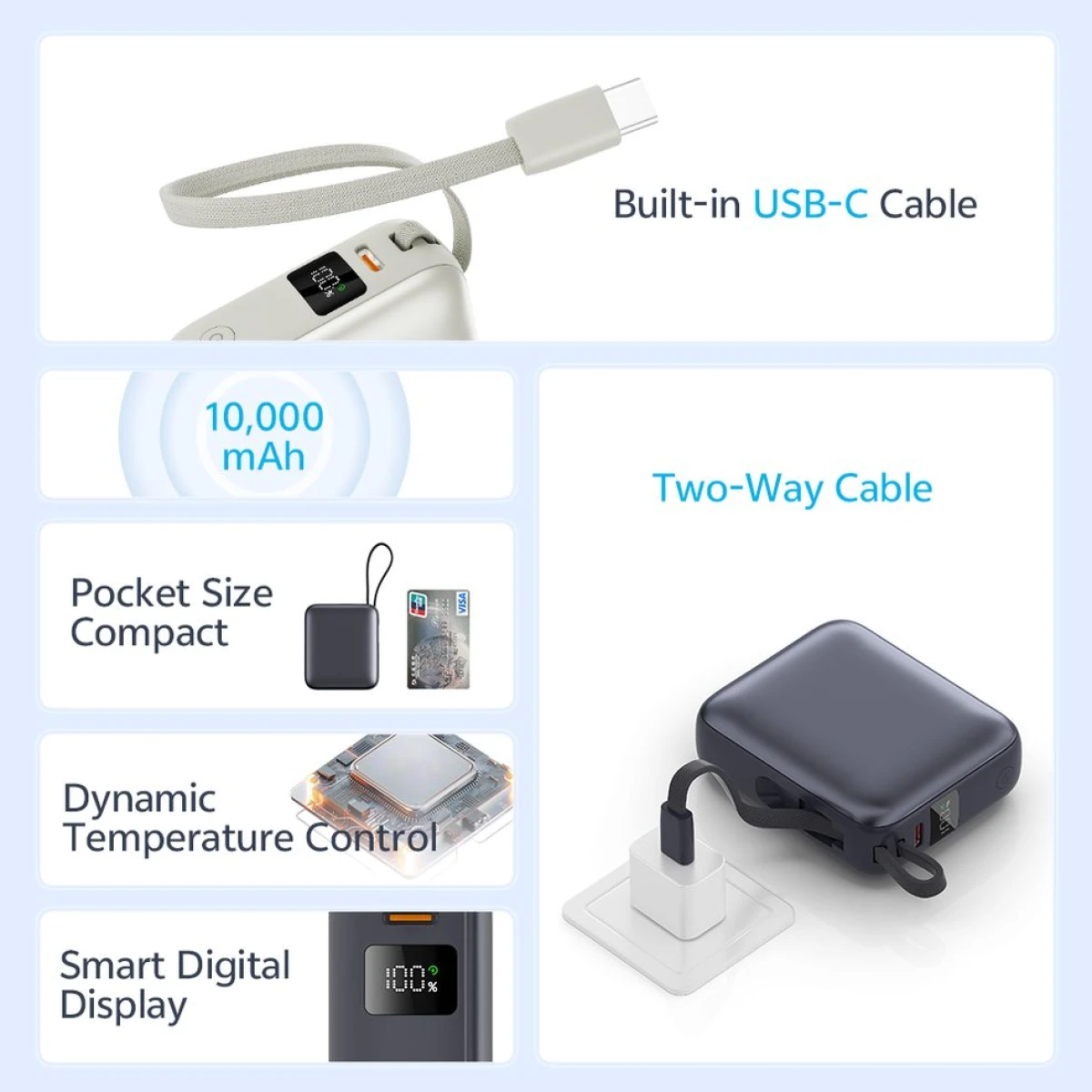 QCY PB10C Grey 10000mAh 35W PD fast charge power bank - Digital Display, Fireproof ABS+PC - Image 4