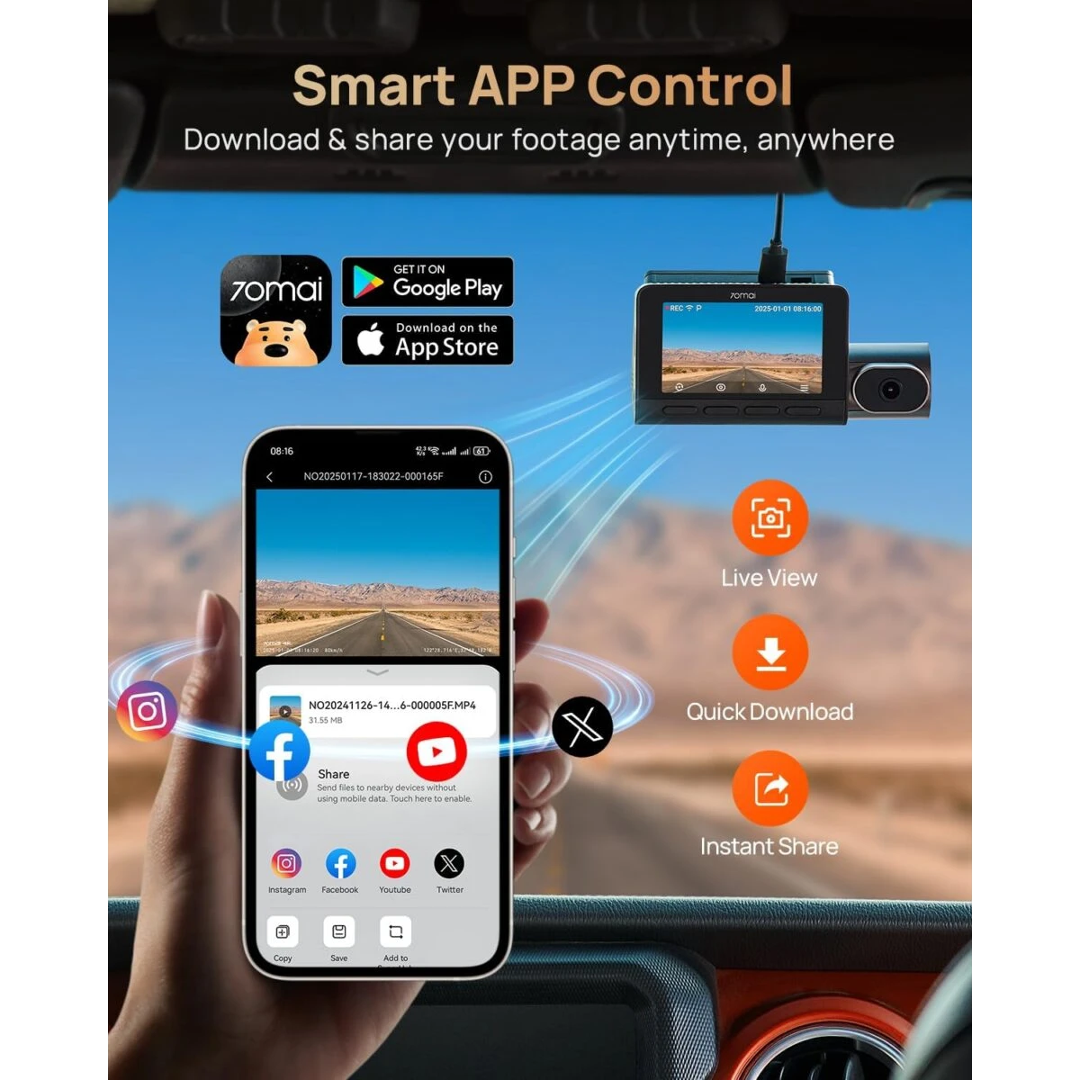 70mai Dash Cam 4K T800 & Rear Cam. & 256GB SD 3-Channel w/ Dual 4K, IMX678, HDR Night Vision, AI Det - Image 5