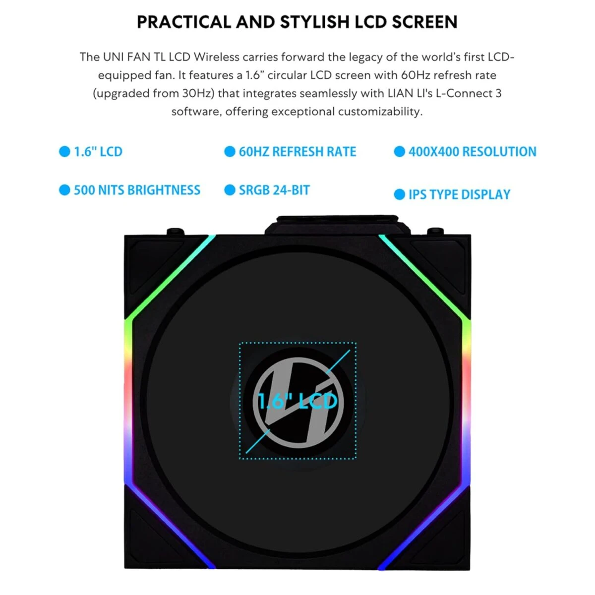Lian Li UNI FAN TL-LCD Wireless Reverse 140 Black (1pc) Case Fan - No Controller Included - Image 2