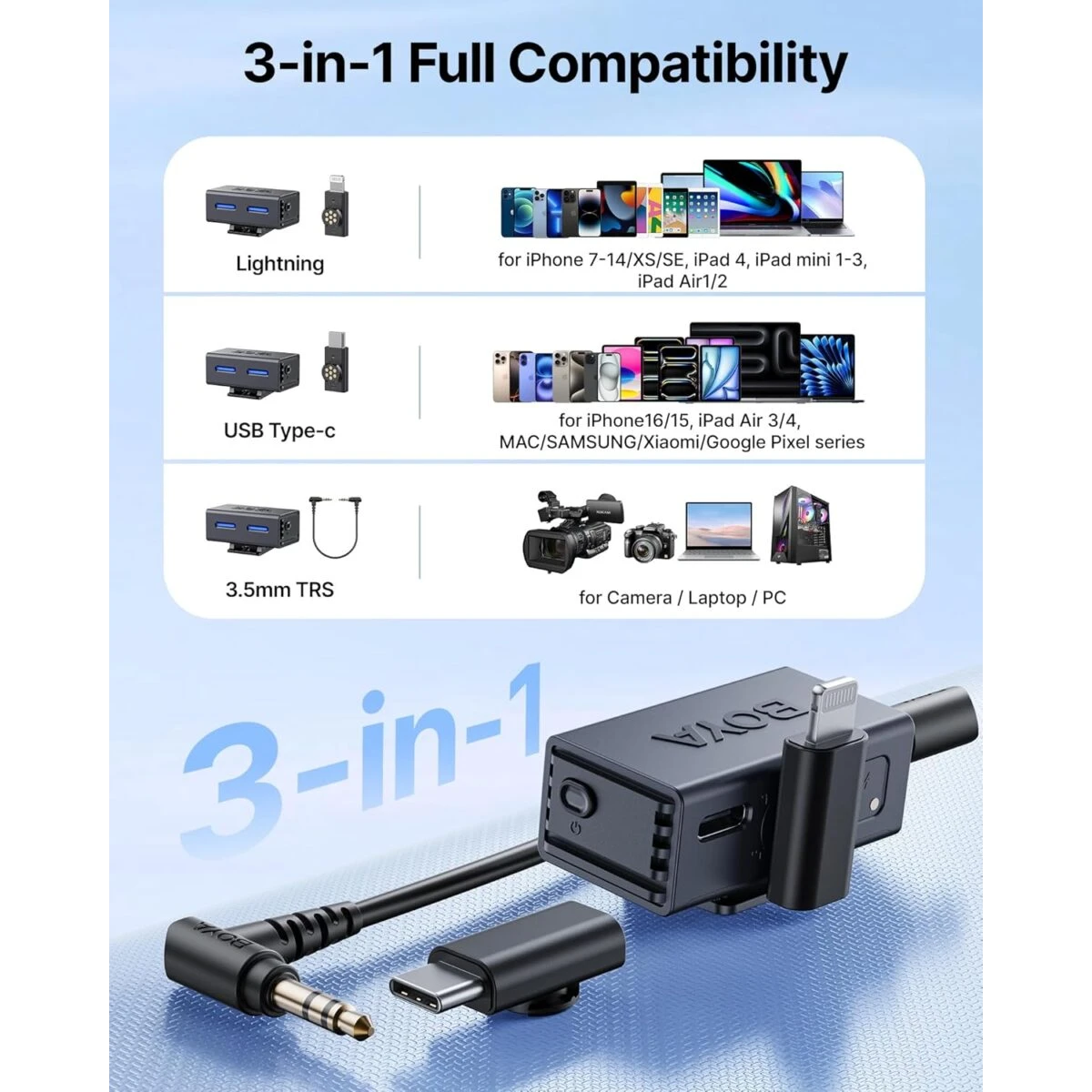 BOYALINK 3 - Type-C, Lightning & 3,5mm AI-Powered Button Wireless Microphone 2 TX + 1 RX + cha. Case - Image 4