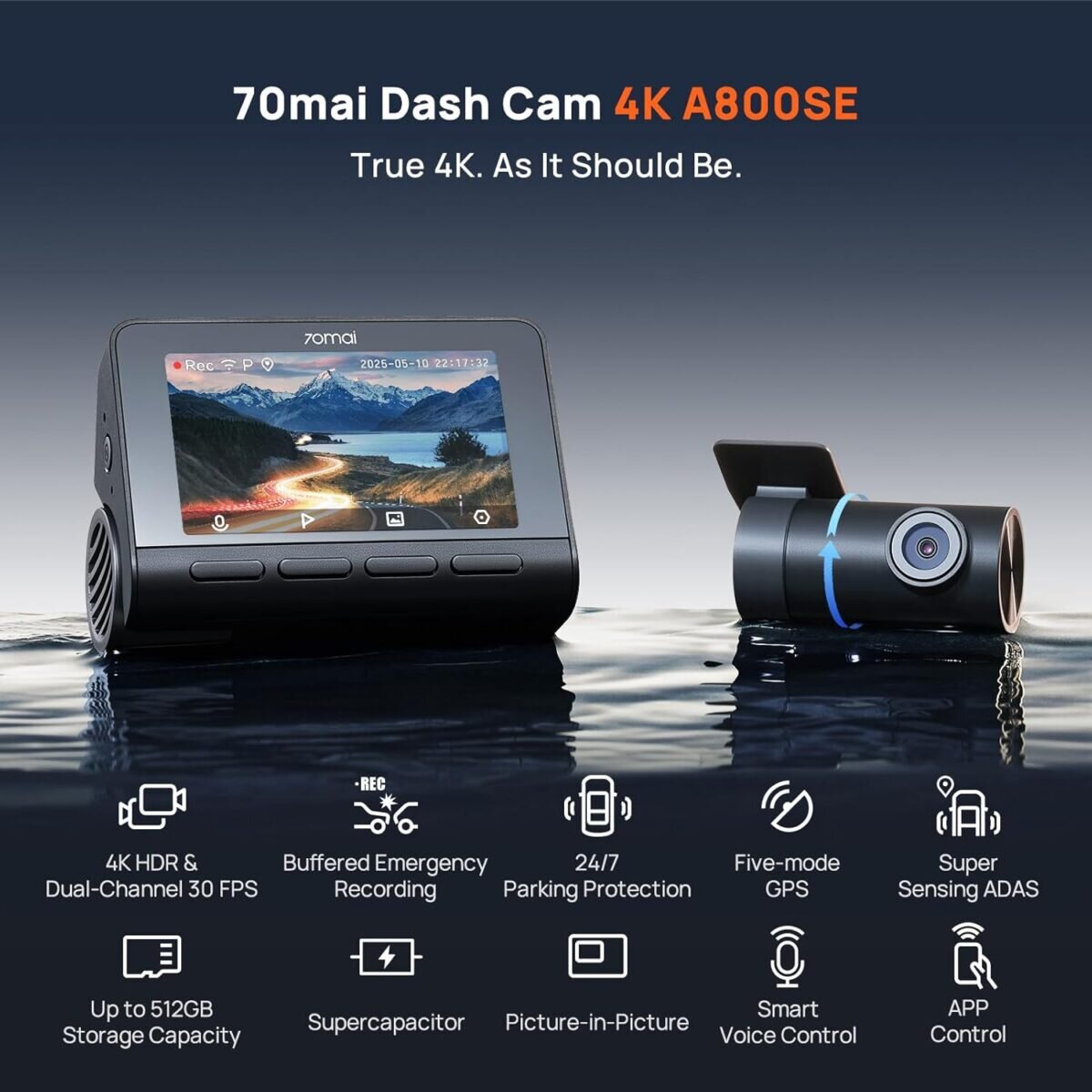 70mai A800SE-1 Front & Rear Dash Cam 4k w. 3inch screen set w. Rearview Cam - 2160p 140FOV - Image 2